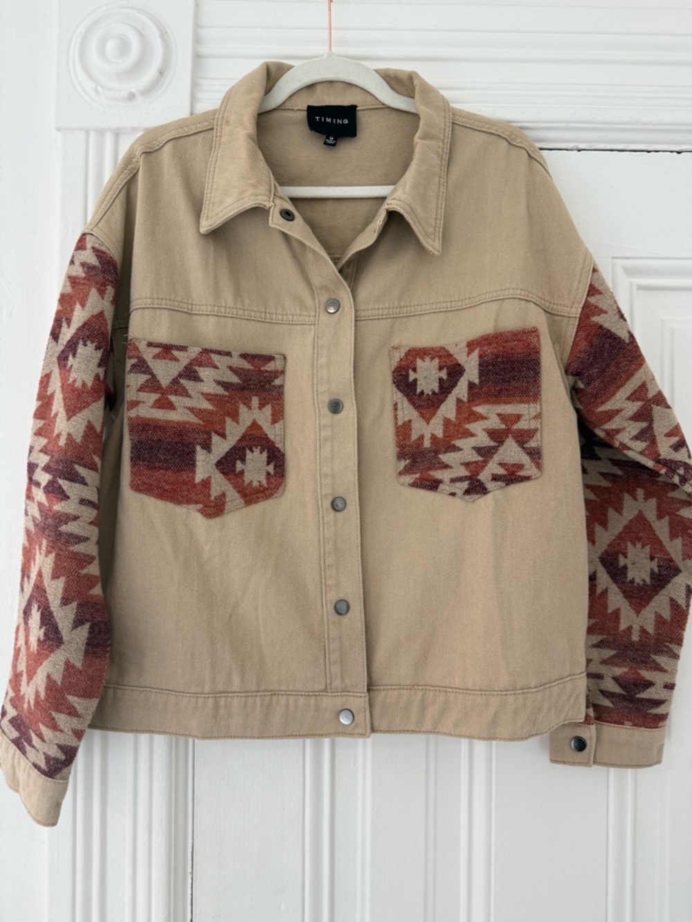 TIMING Tan Jacket with Rust Aztec Patterned Sleeves